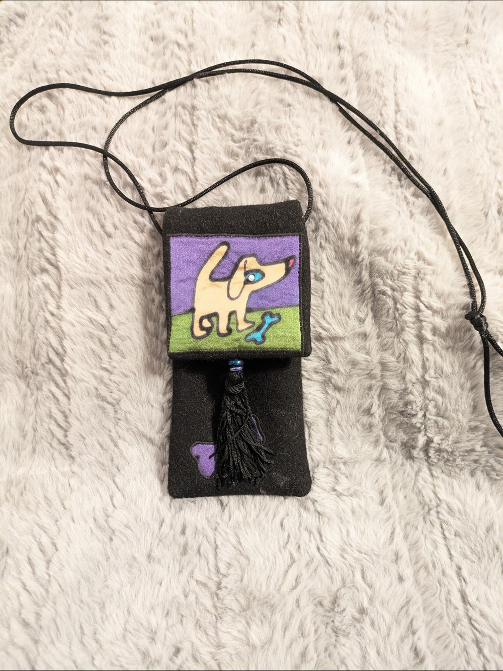 Handmade Black Phone Case Pouch with Purple & Green Dog Design